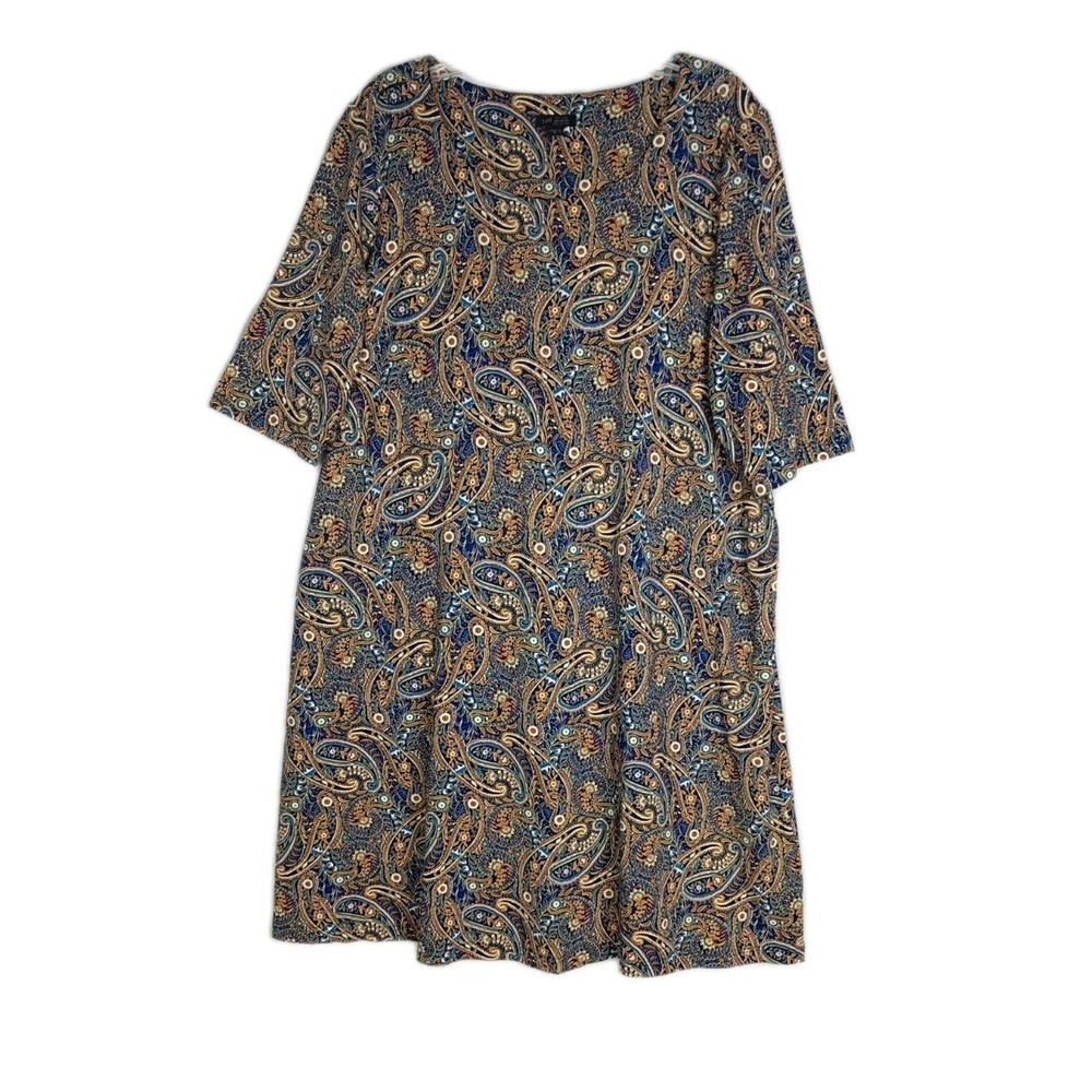 J.Jill Women's Wearever Sz XL Multicolor Paisley Sheath Dress Pockets 3/4 Sleeve